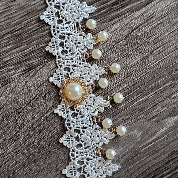 Jewelry - Victorian lace choker necklace vegan pearl white + gold